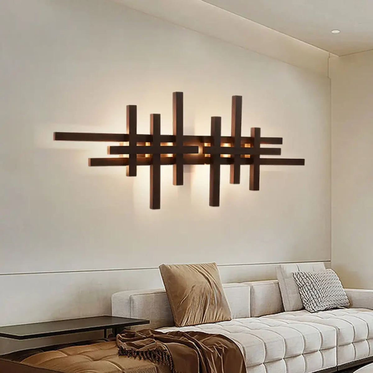 Grande applique murale bois naturel à motif croisé, beige ou marron, marron