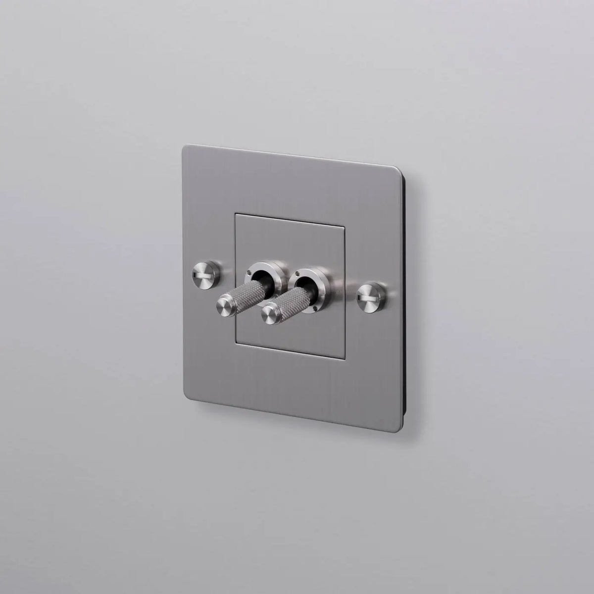 Interrupteur double levier en métal moleté, plaque de 9 cm, argenté