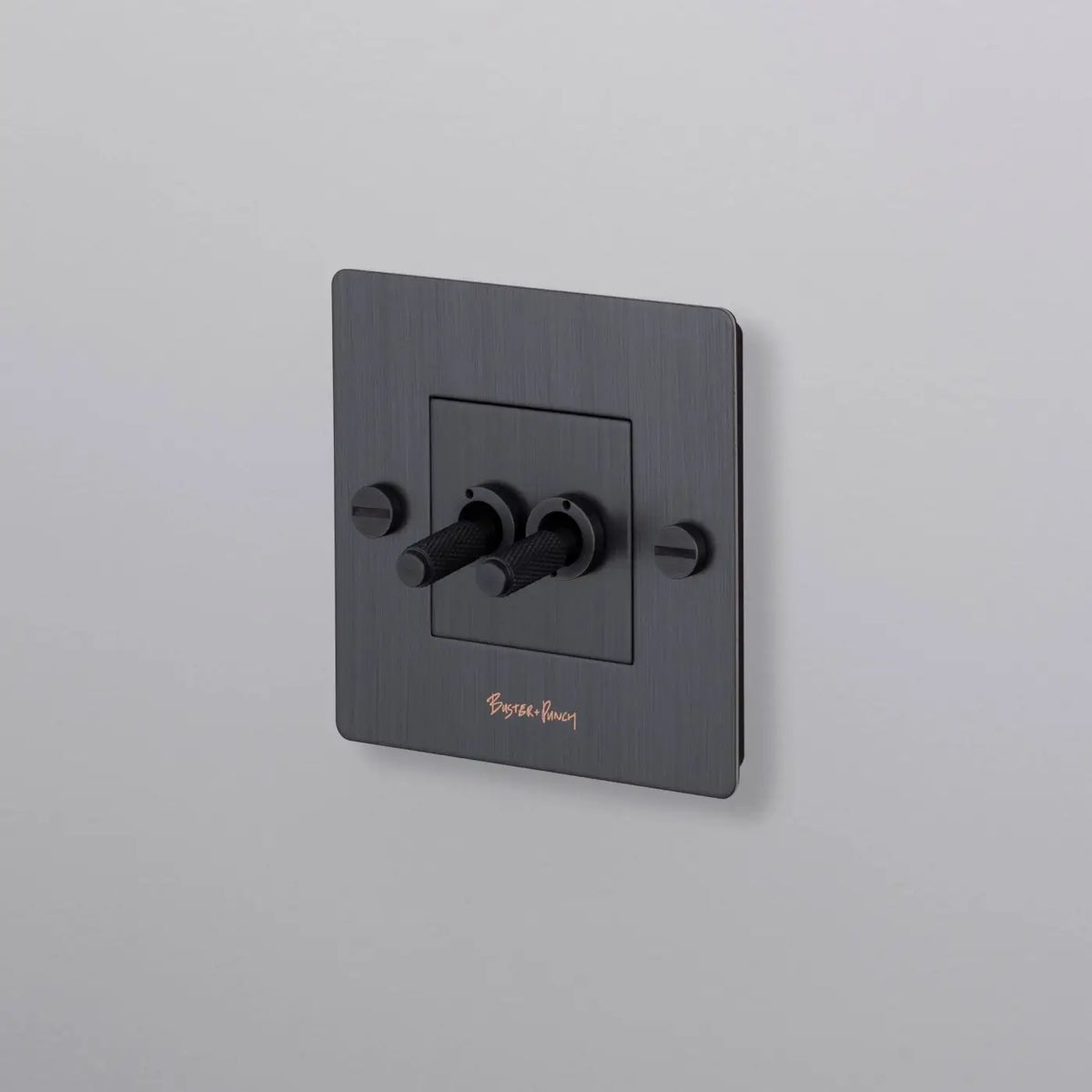 Interrupteur double levier en métal moleté, plaque de 9 cm, gris