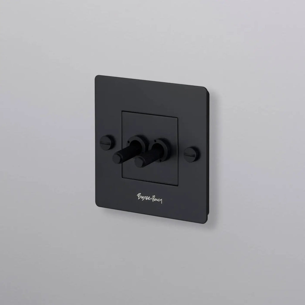 Interrupteur double levier en métal moleté, plaque de 9 cm, noir