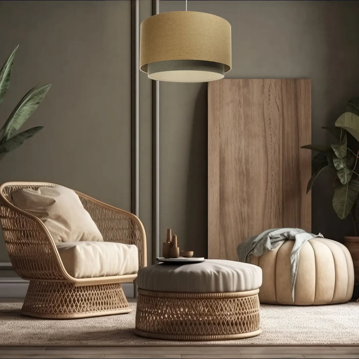 Suspension luminaire moutarde, olive et écru, tailles S, M, L