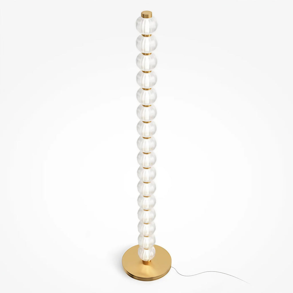 Lampadaire LED colonne de perles de verre et métal doré, 132 cm