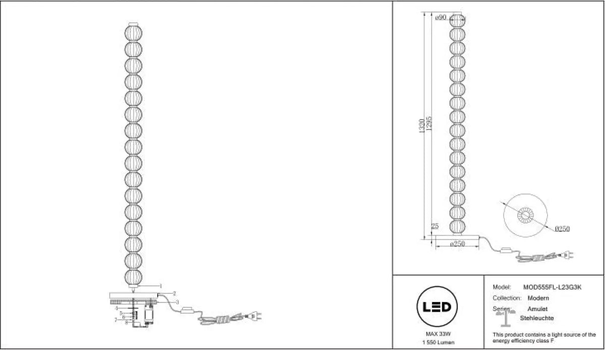 Lampadaire LED colonne de perles de verre et métal doré, 132 cm