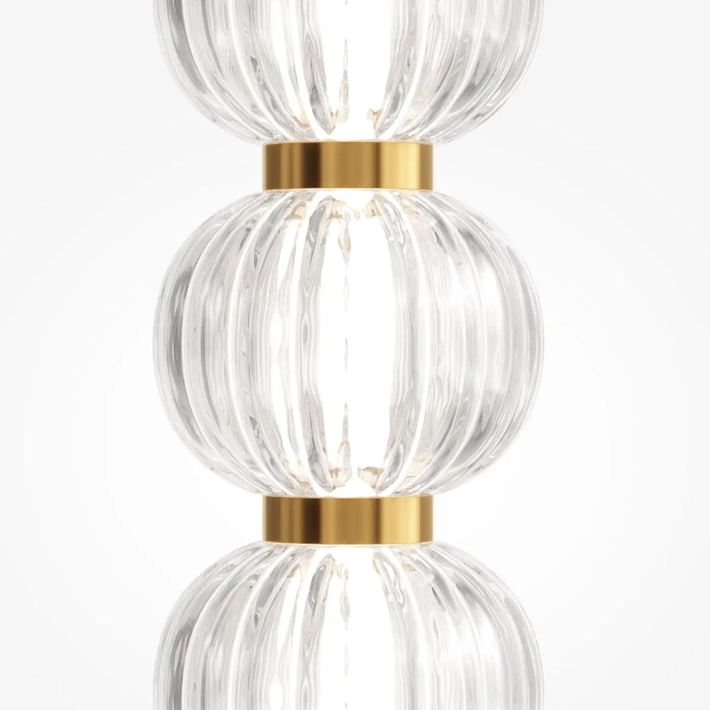 Lampadaire LED colonne de perles de verre et métal doré, 132 cm