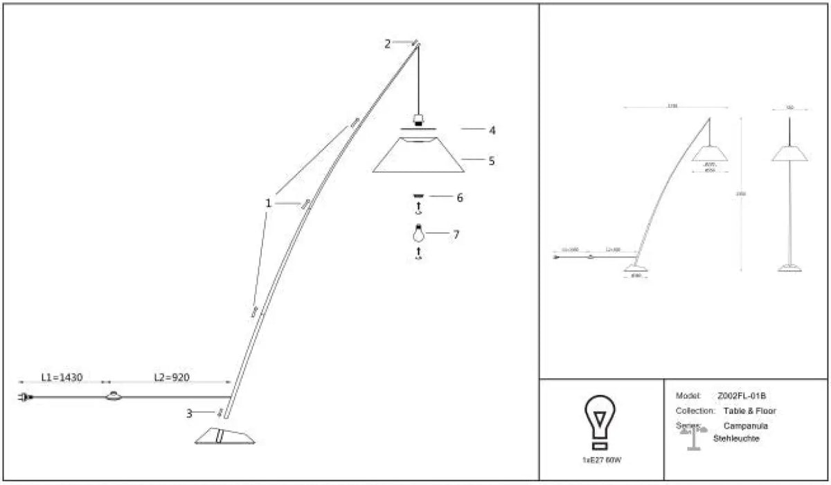 Lampadaire arc à socle en béton et abat-jour en tissu noir