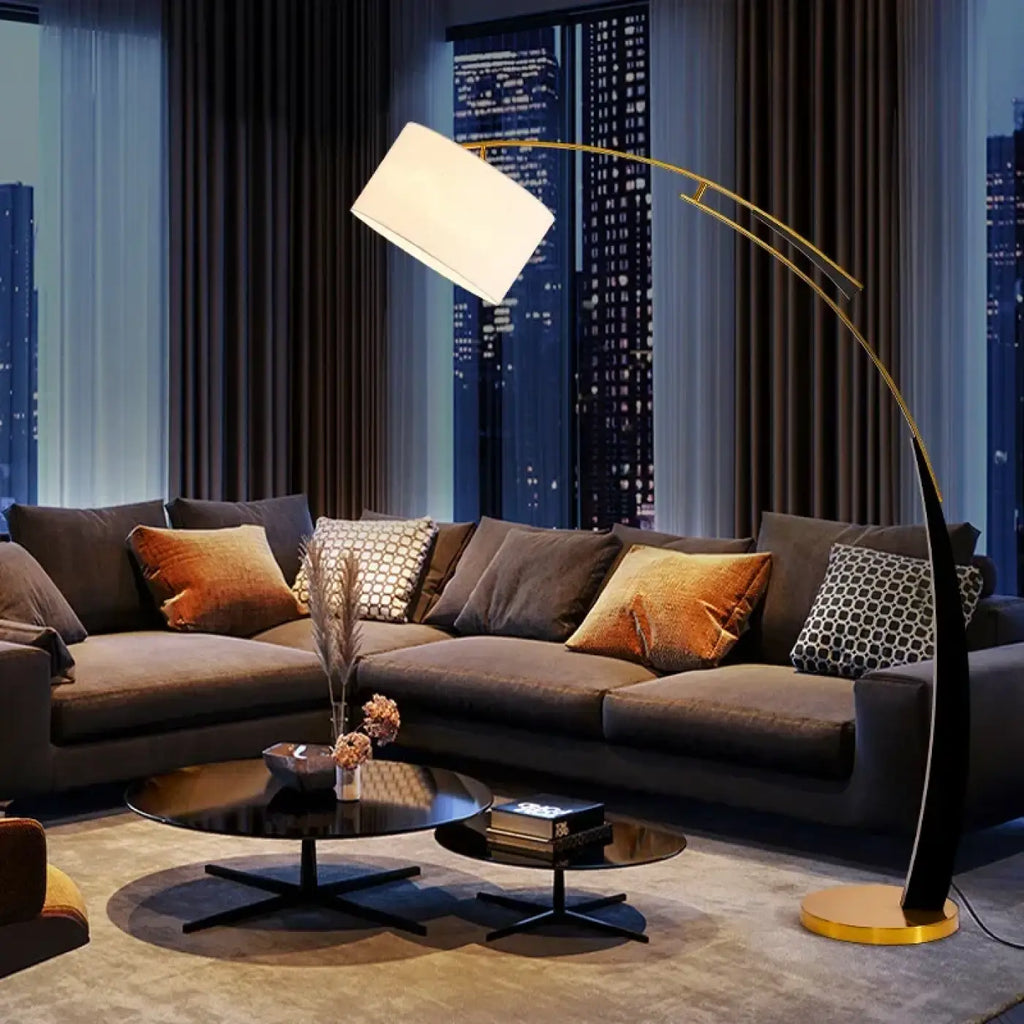 Lampadaire arc moderne avec abat-jour en tissu