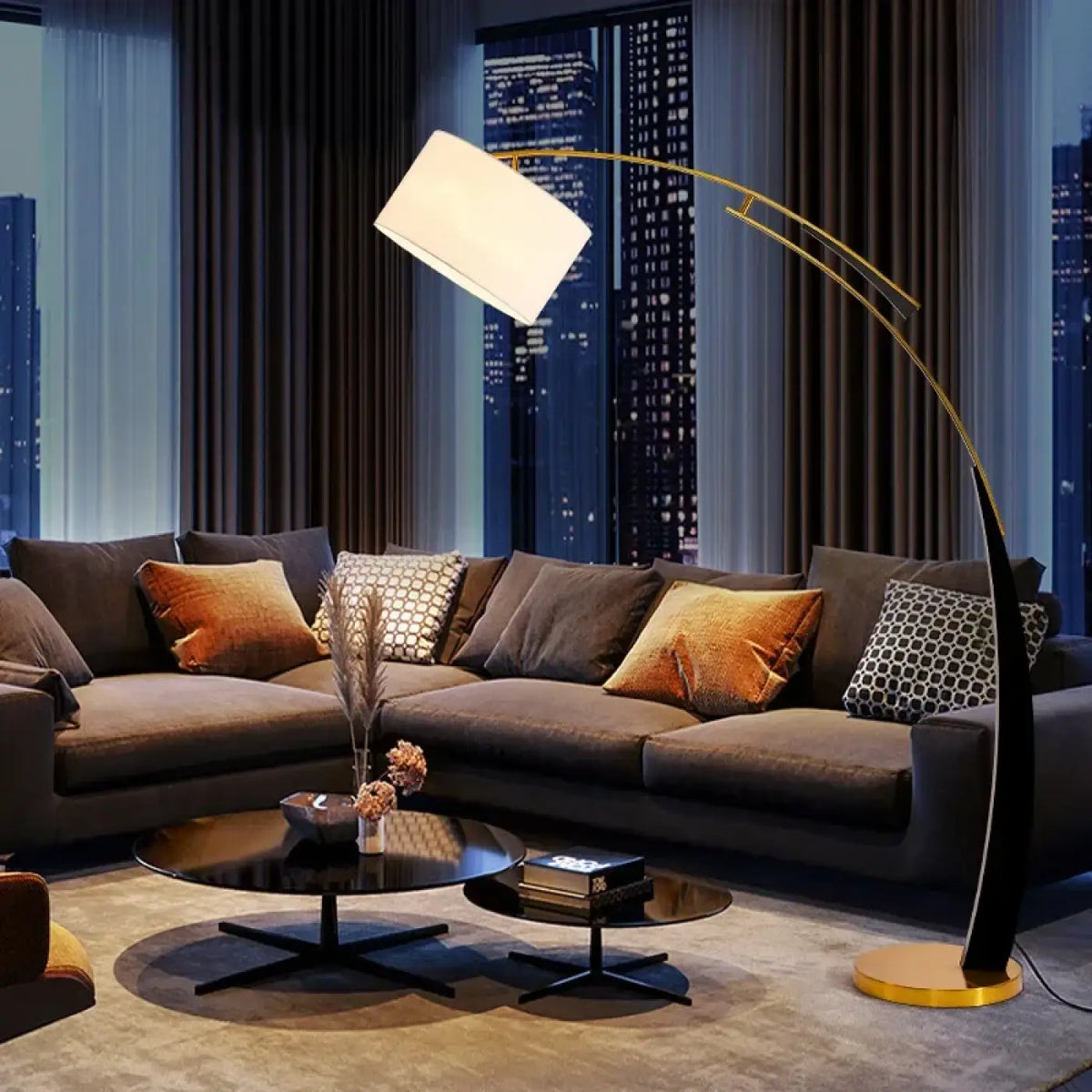 Lampadaire arc moderne avec abat-jour en tissu