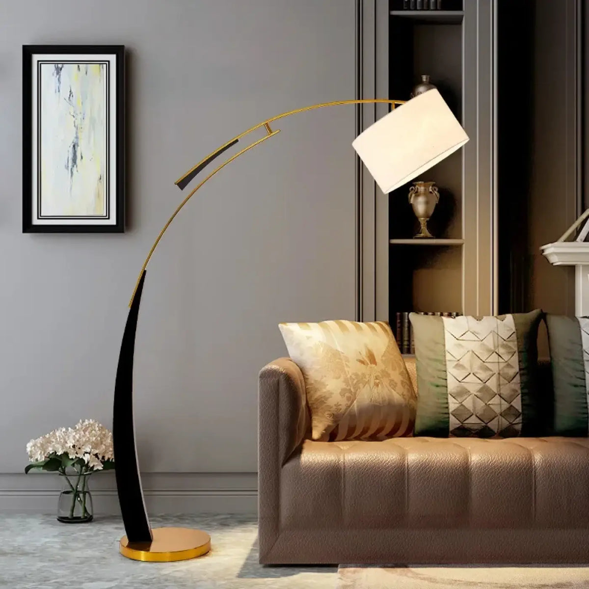Lampadaire arc moderne avec abat-jour en tissu