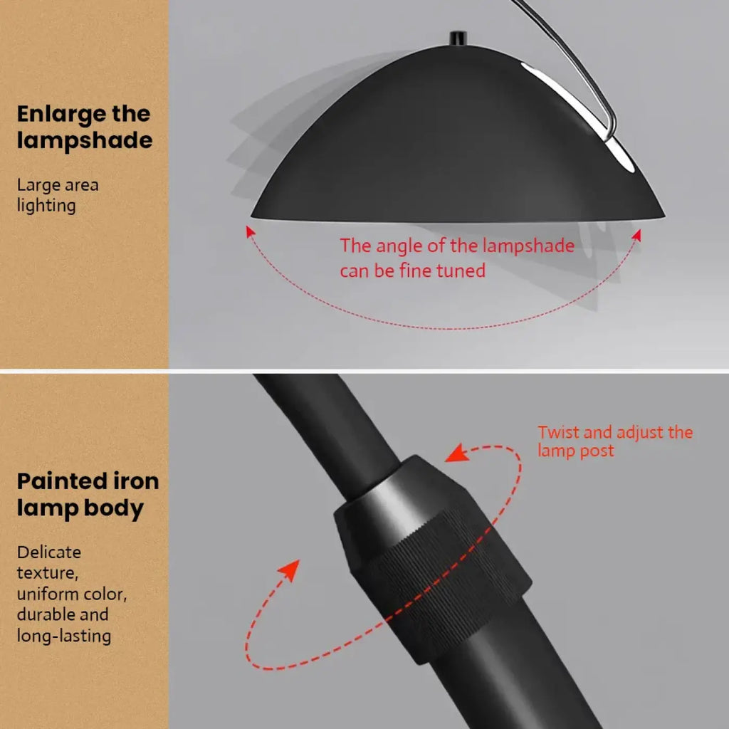Lampadaire arc noir à large abat-jour, au-dessus du canapé