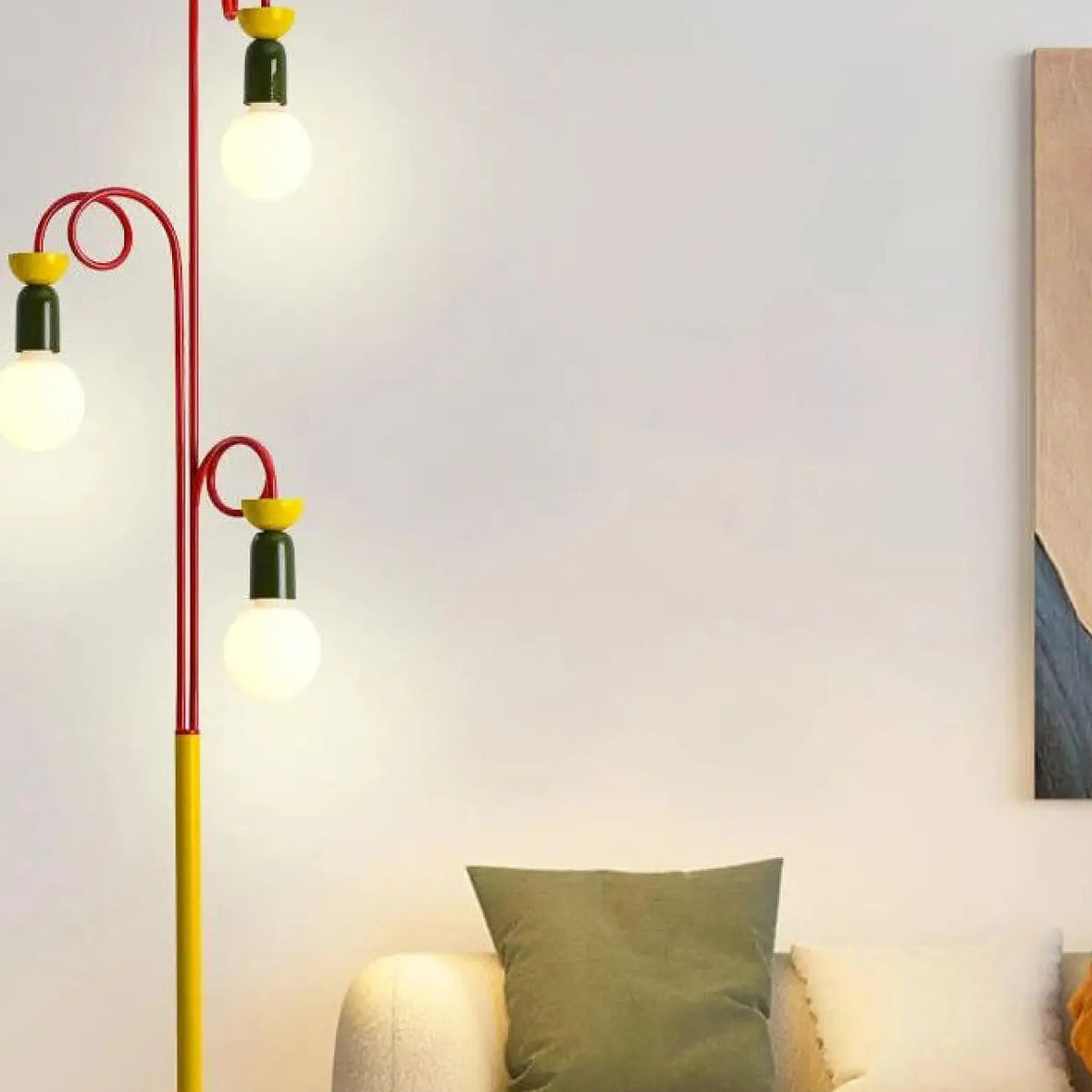 Lampadaire coloré à trois boules lumineuses, métal et verre