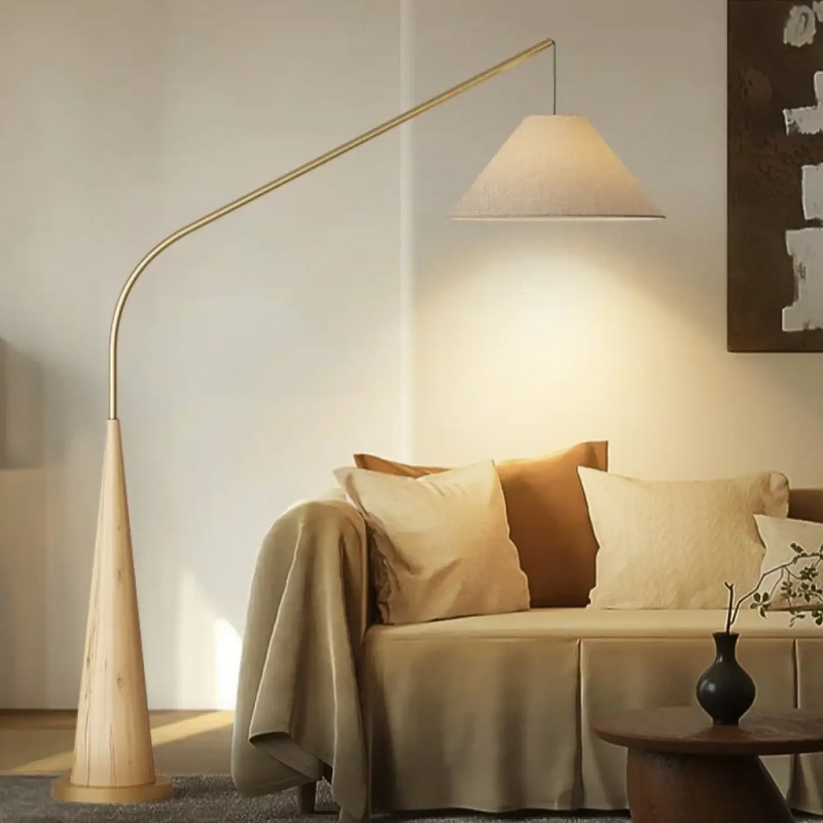 Lampadaire arqué à pied en bois, style scandinave, trois coloris, beige