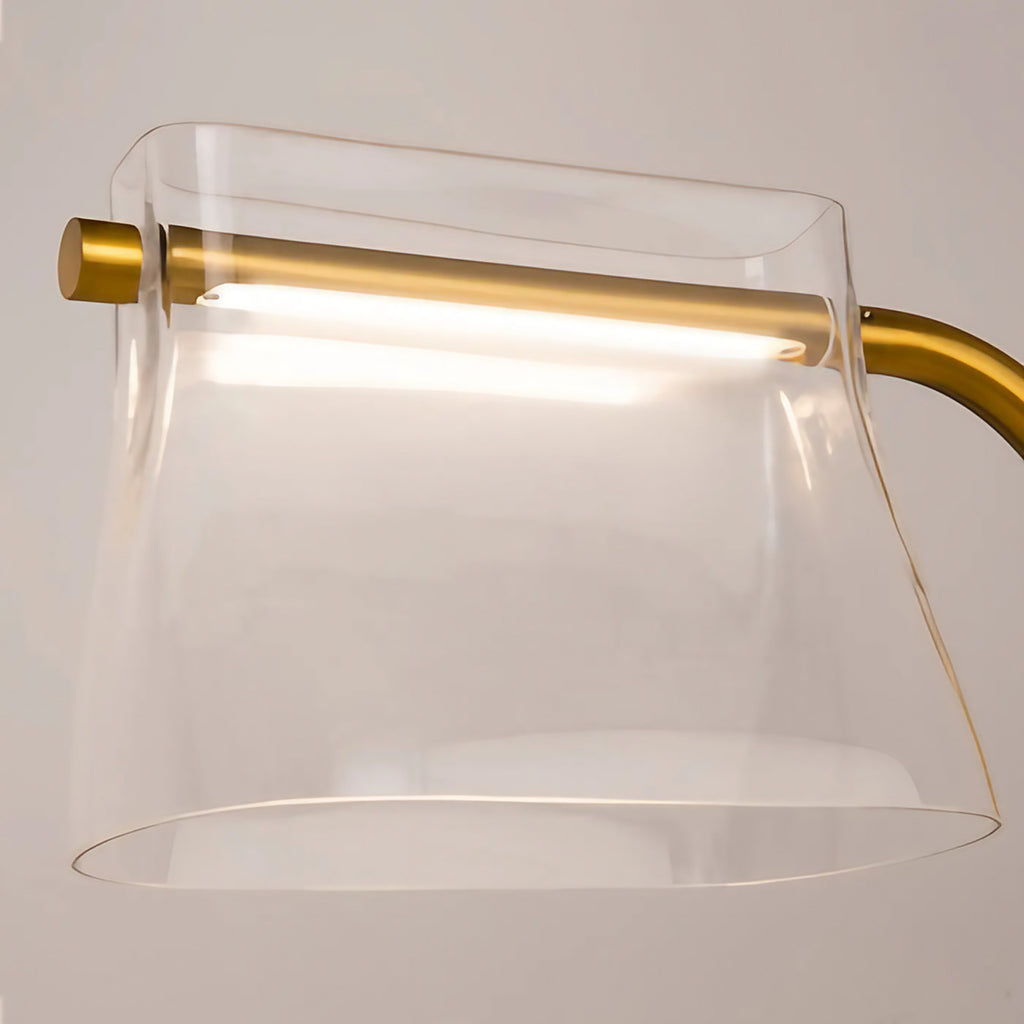 Lampadaire LED pied finition laiton et abat-jour en verre clair