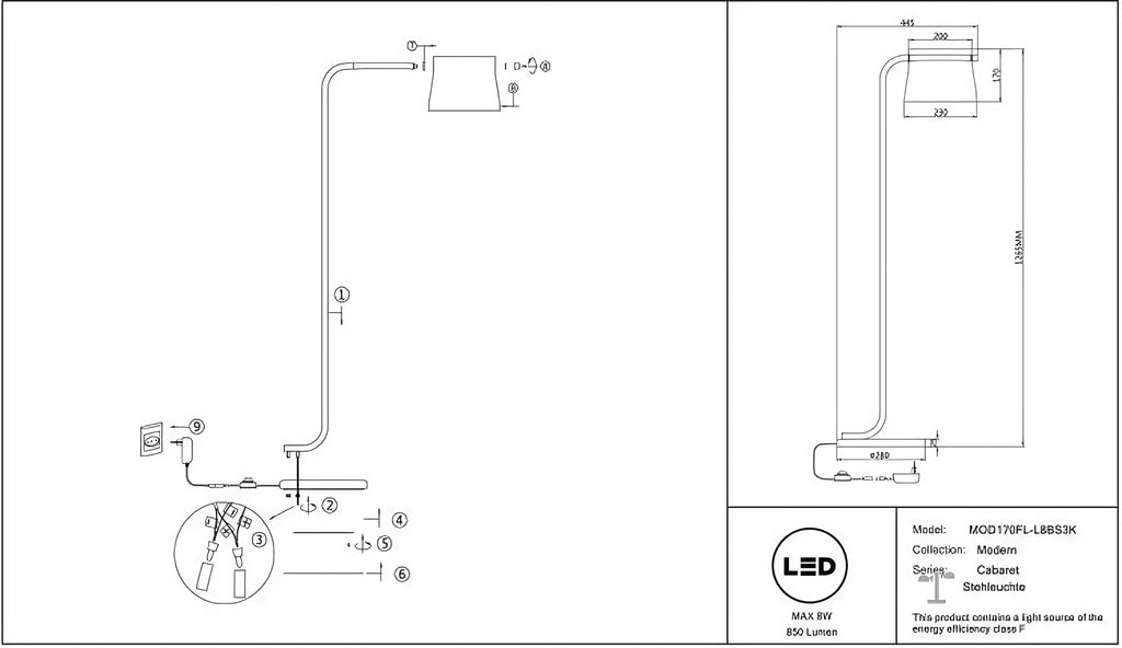 Lampadaire LED pied finition laiton et abat-jour en verre clair