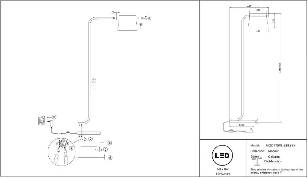 Lampadaire LED pied finition laiton et abat-jour en verre clair