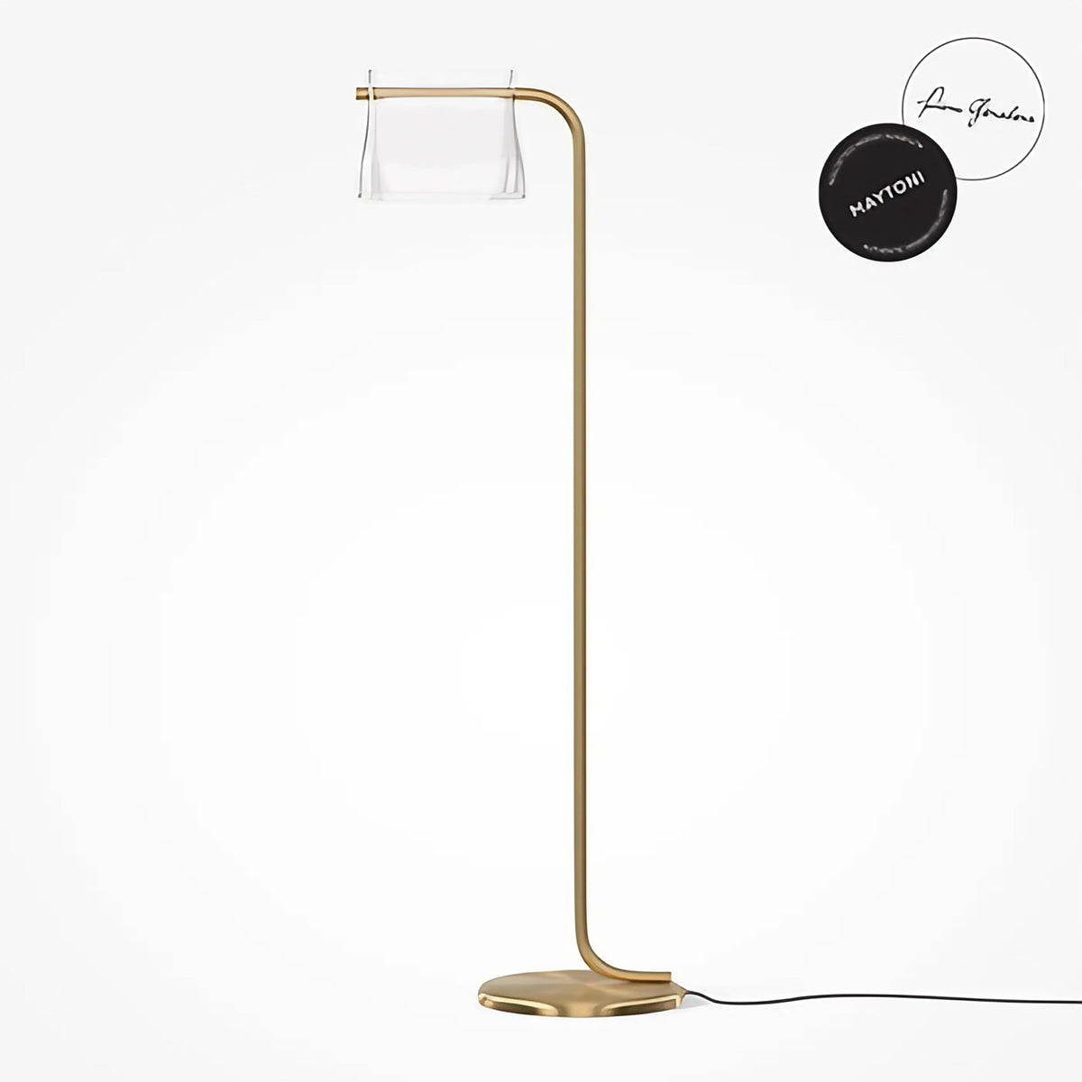 Lampadaire LED pied finition laiton et abat-jour en verre clair