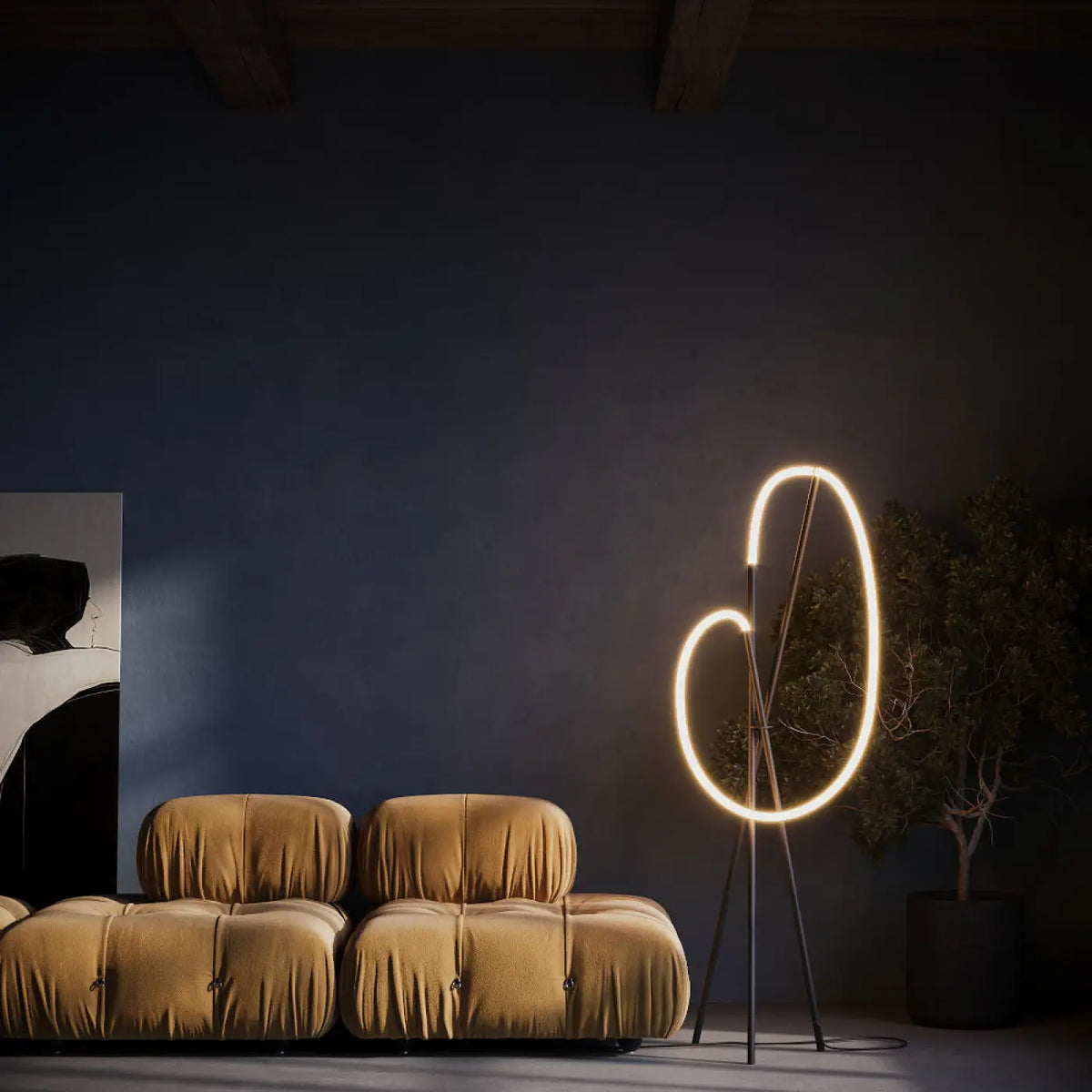 Lampadaire LED trépied en aluminium, diffuseur silicone façon crochet