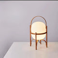 Lampadaire arc en bois à globe opalin, tailles S, M, L, marron