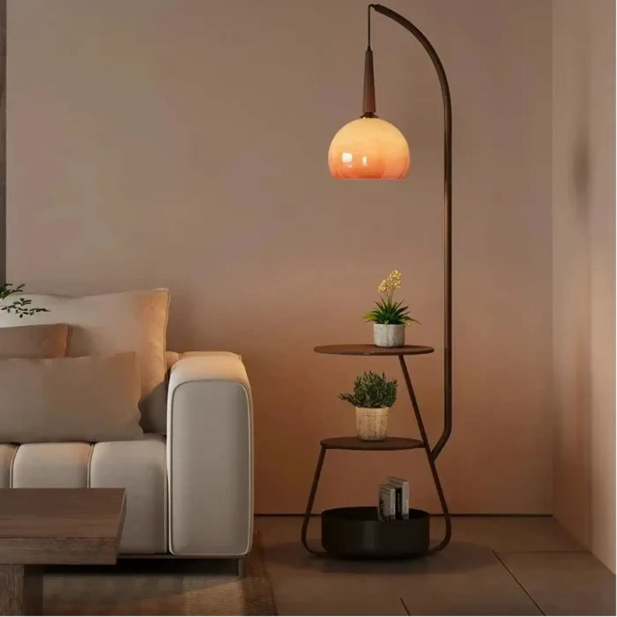 Lampadaire arqué à globe en verre orange et étagères intégrées