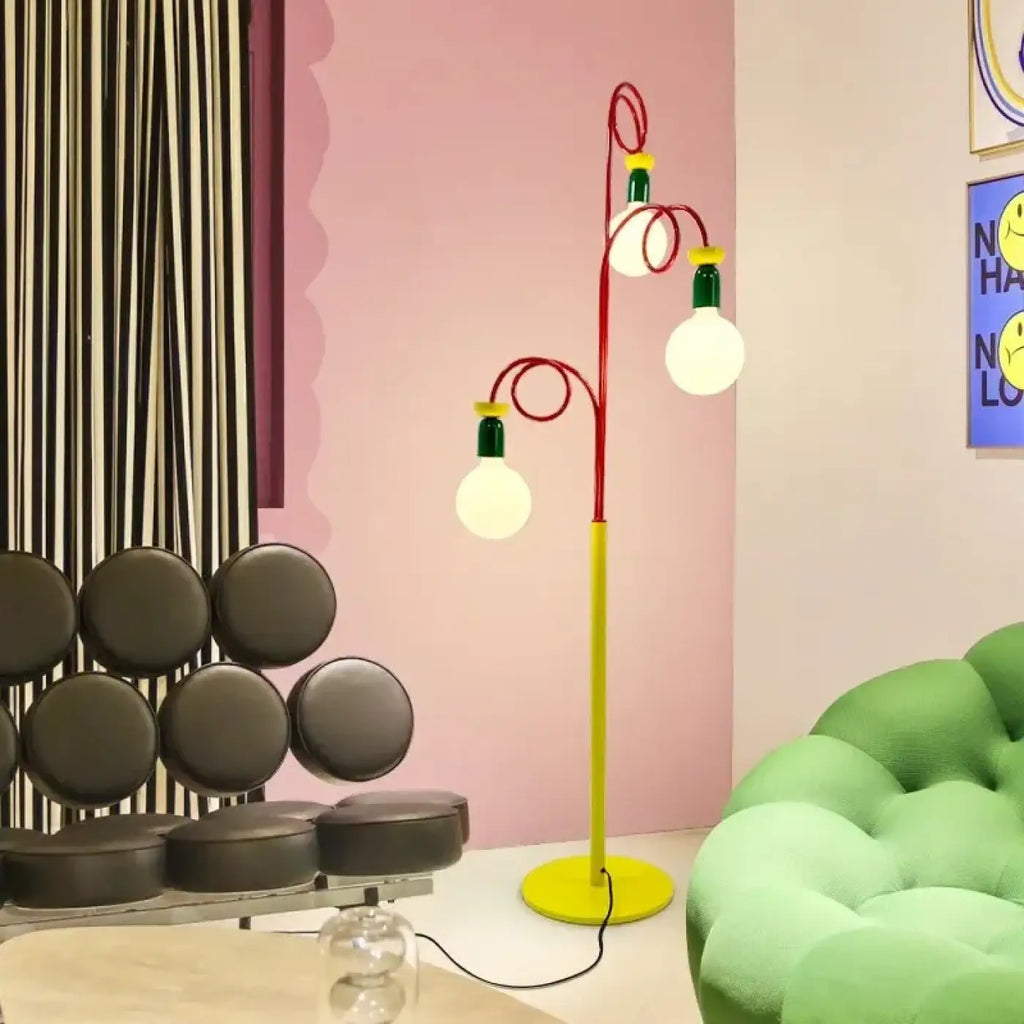 Lampadaire coloré à trois boules lumineuses, métal et verre