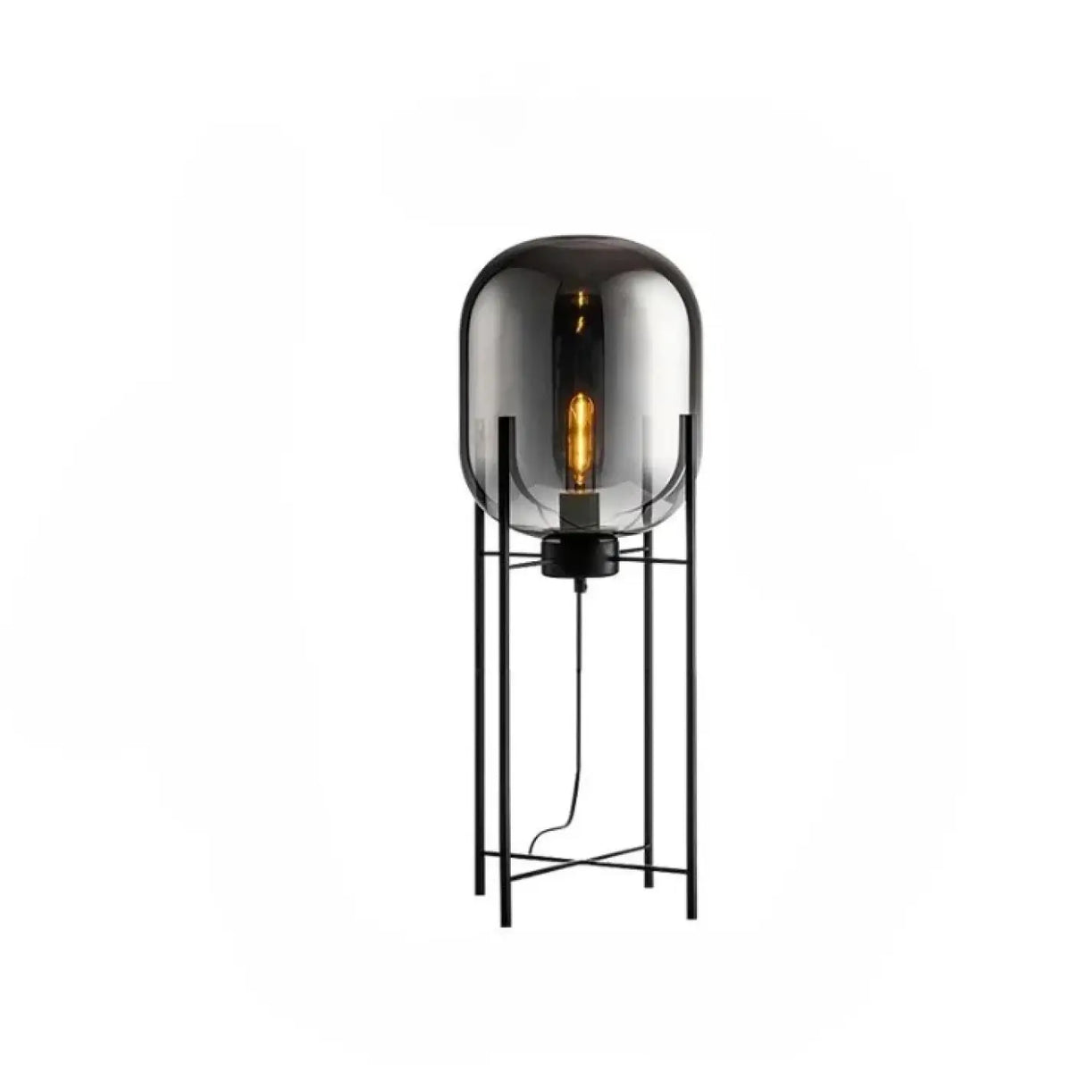 Lampadaire design à globe en verre fumé sur tige en métal, noir