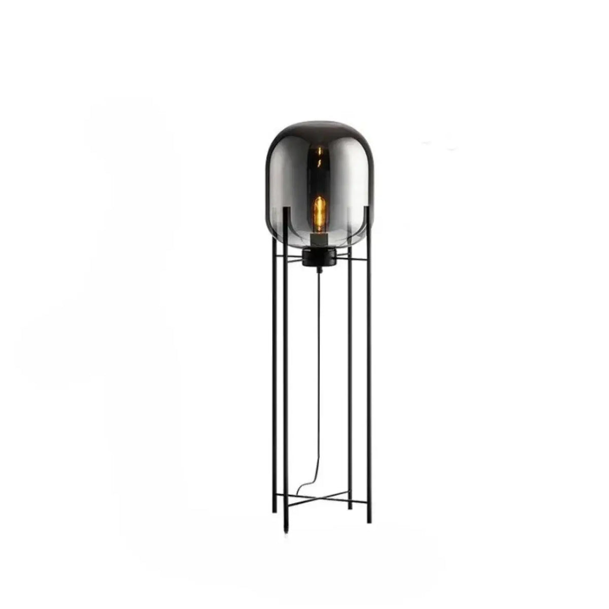 Lampadaire design à globe en verre fumé sur tige en métal