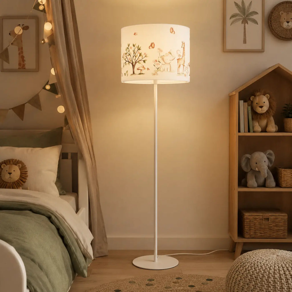 Lampadaire enfant 150 cm, girafe et éléphant blanc et marron clair