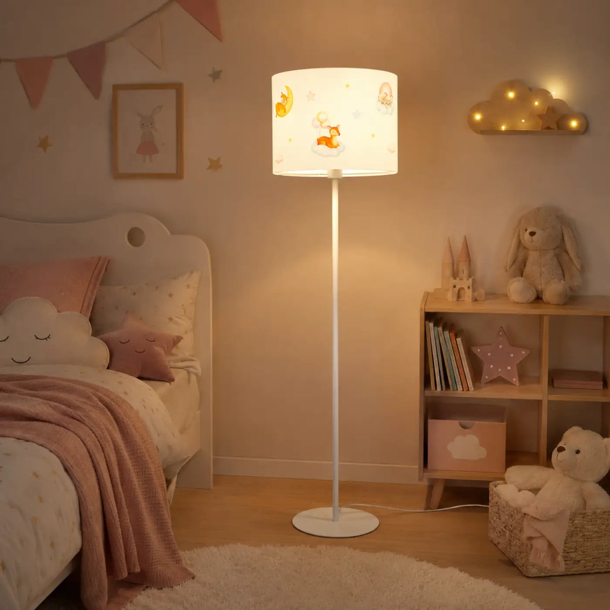 Lampadaire enfant au faon sur un nuage, 150 cm, pied métal
