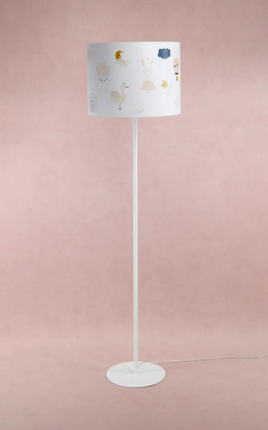 Lampadaire enfant blanc et orange, lapin, cygne et montgolfière