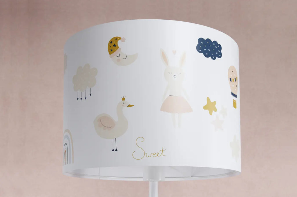 Lampadaire enfant blanc et orange, lapin, cygne et montgolfière