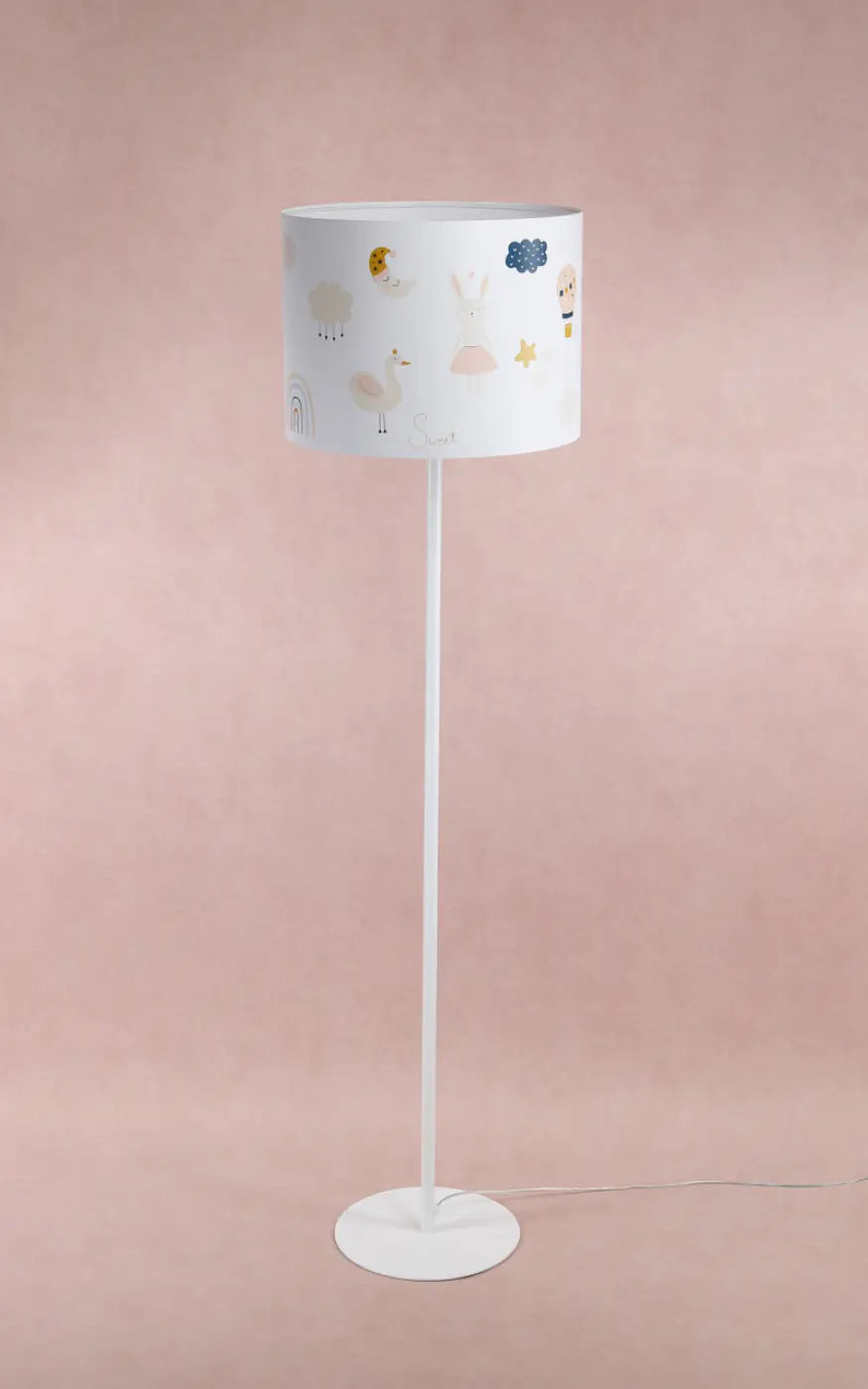 Lampadaire enfant blanc et orange, lapin, cygne et montgolfière