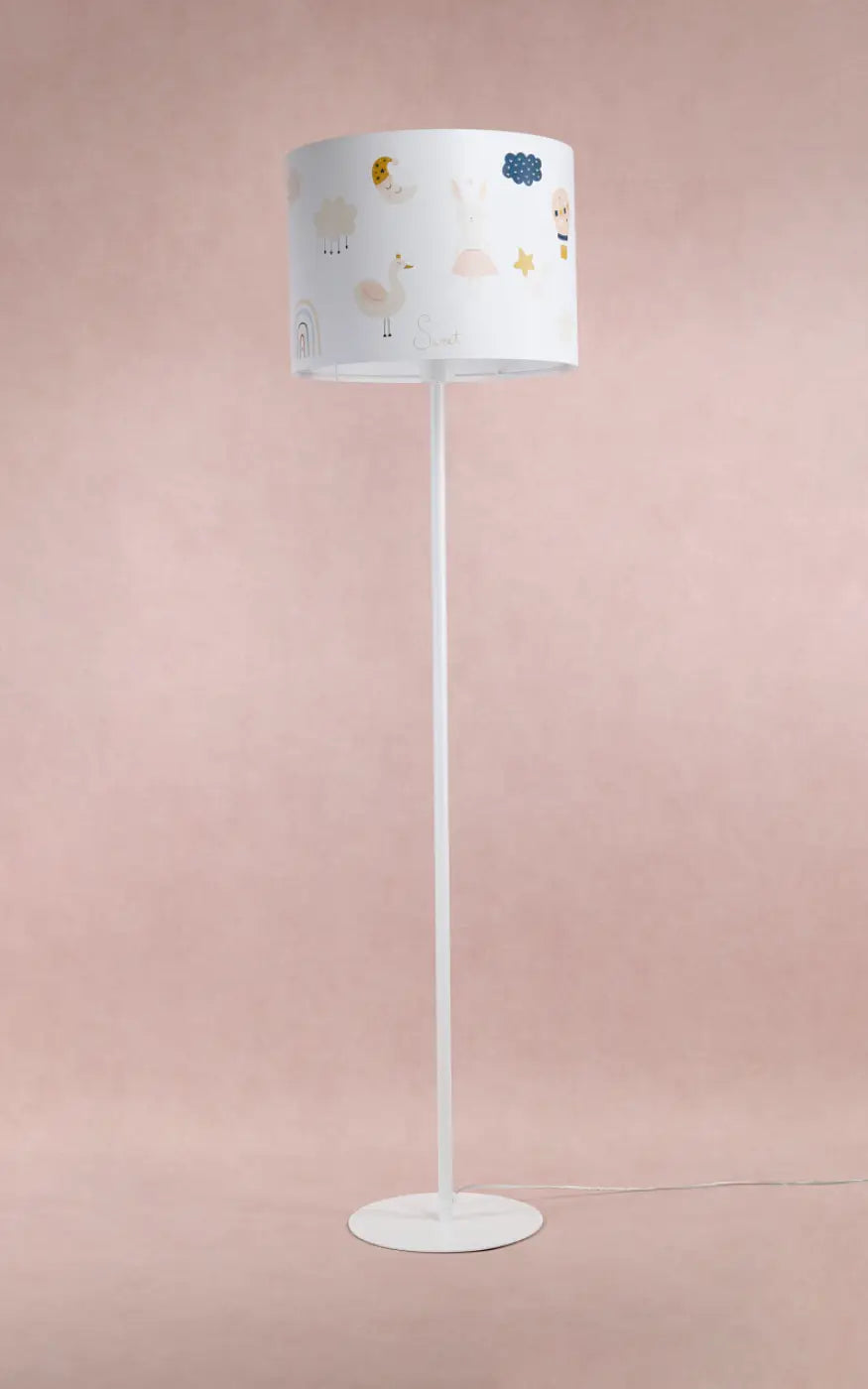 Lampadaire enfant blanc et orange, lapin, cygne et montgolfière
