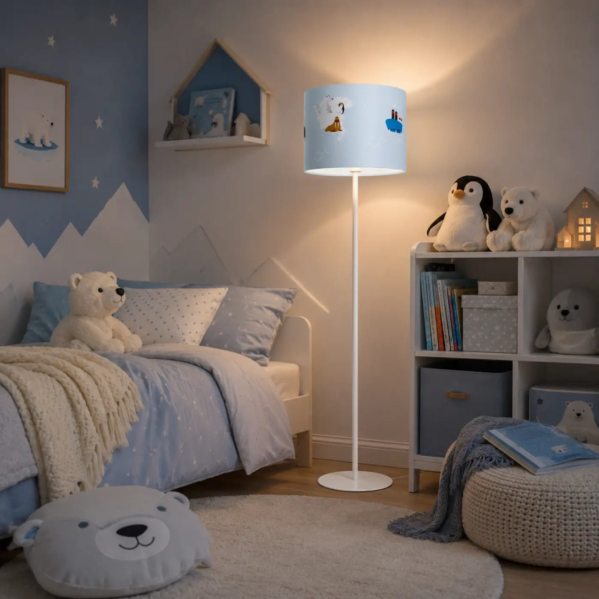 Lampadaire enfant bleu, ours polaire et bateau dans les glaces