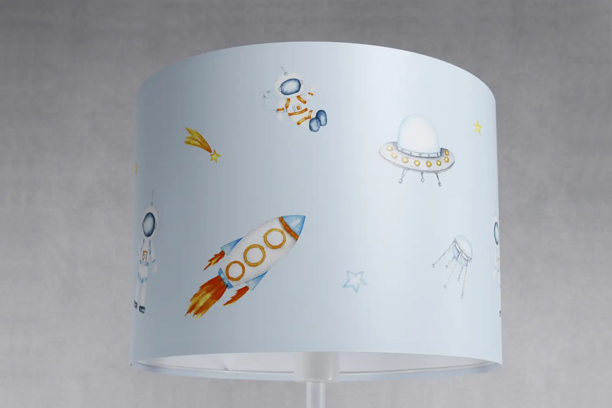 Lampadaire enfant bleu pastel, fusées et astronautes, 150 cm