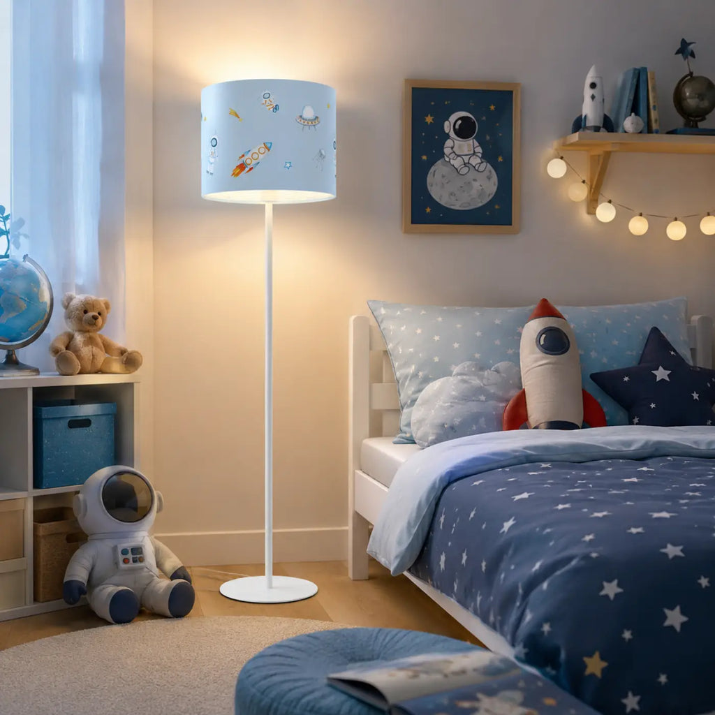Lampadaire enfant bleu pastel, fusées et astronautes, 150 cm
