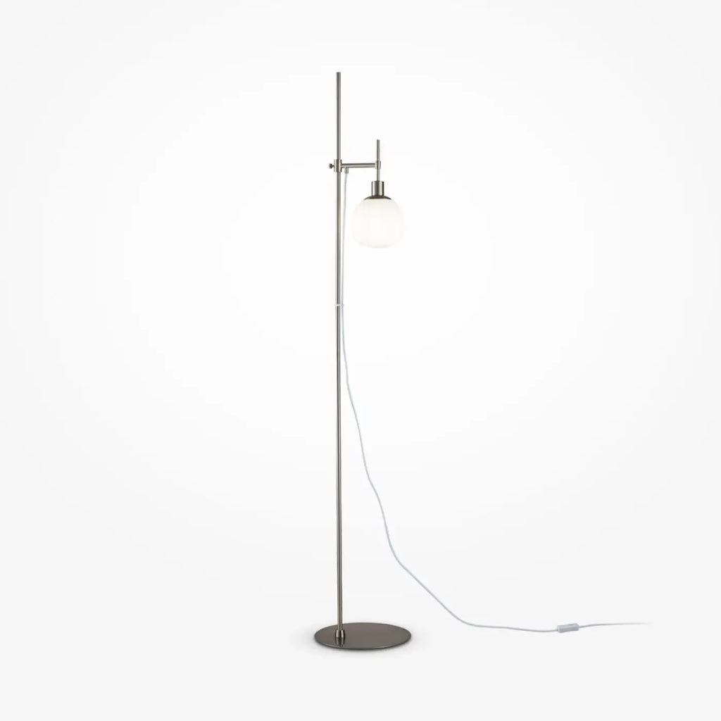 Lampadaire à globe opalin orientable, acier argent ou cuivre, argenté