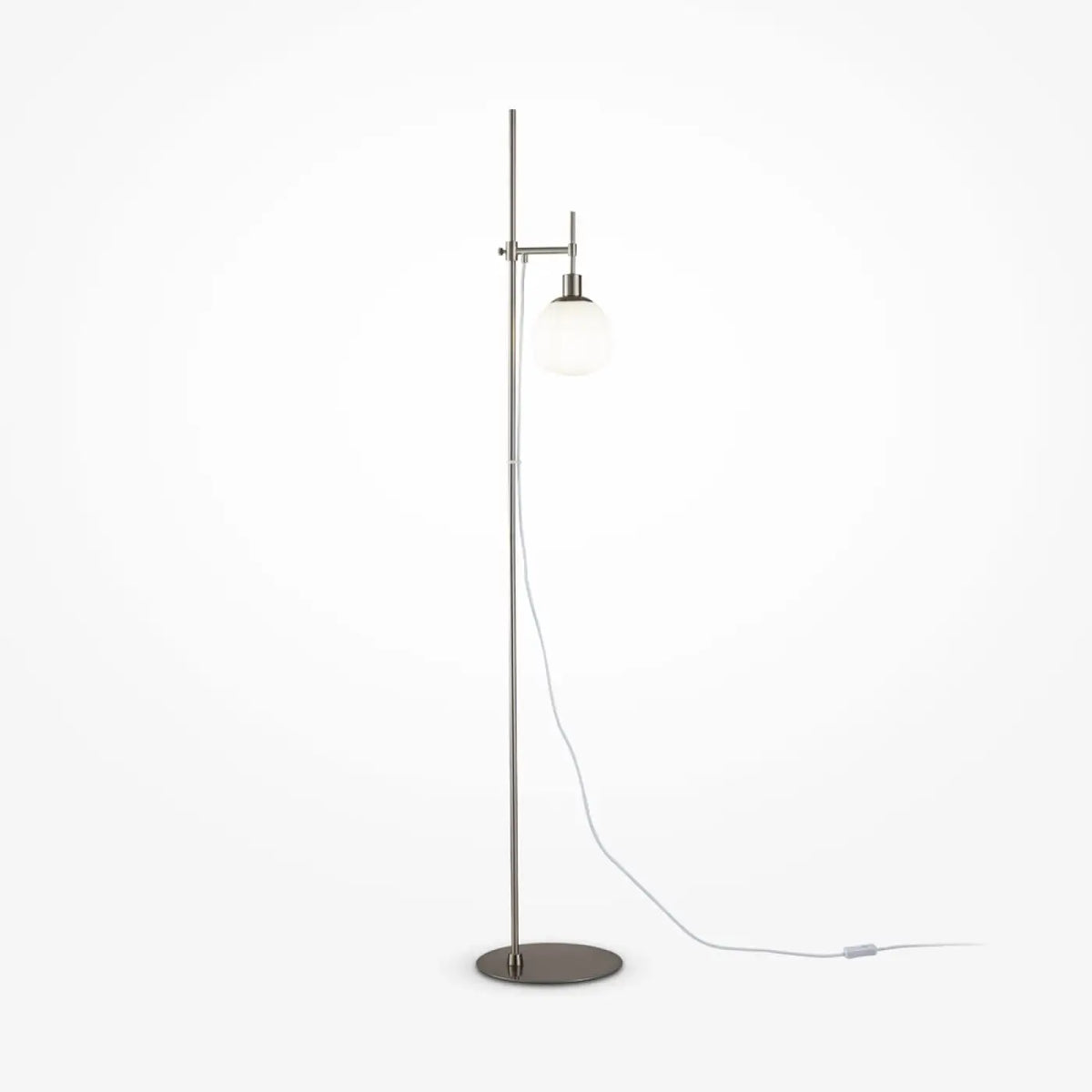 Lampadaire à globe opalin orientable, acier argent ou cuivre, argenté