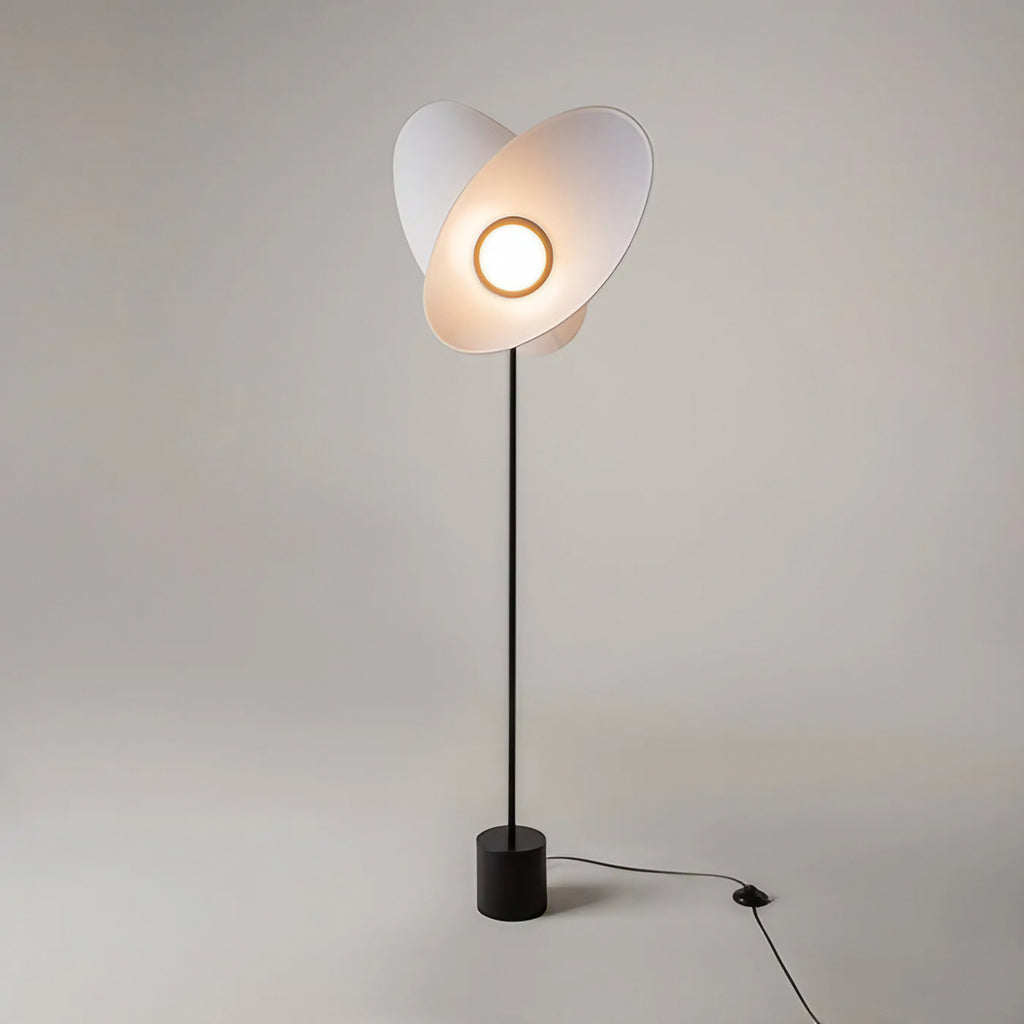 Lampadaire LED à deux abat-jour en tissu blanc, pied noir