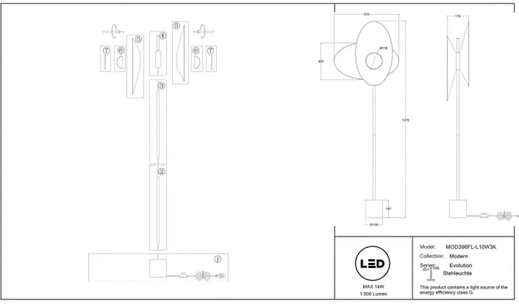 Lampadaire LED à deux abat-jour en tissu blanc, pied noir