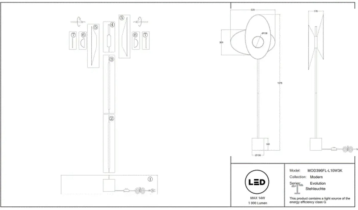 Lampadaire LED à deux abat-jour en tissu blanc, pied noir