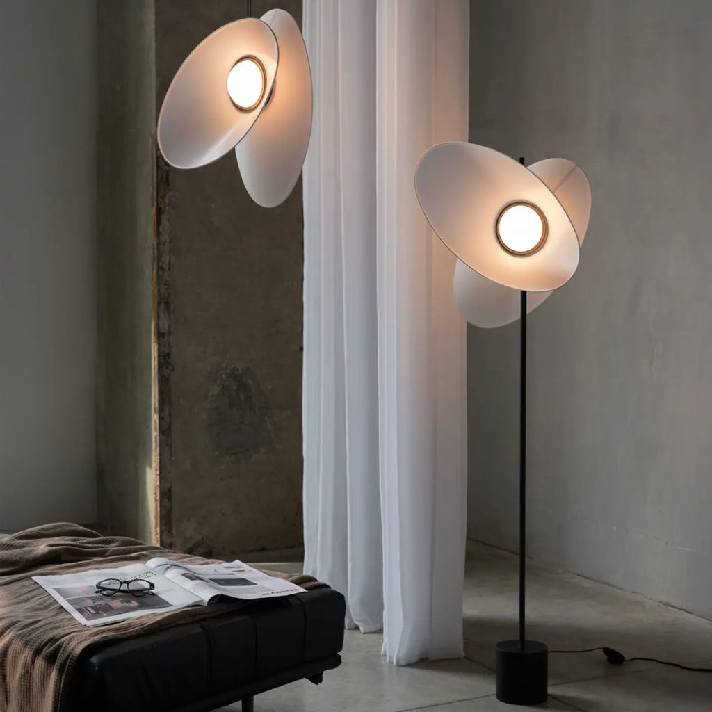 Lampadaire LED à deux abat-jour en tissu blanc, pied noir