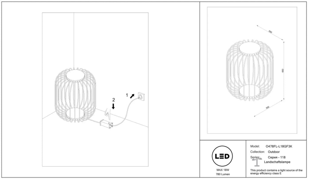 Lampadaire extérieur LED en fil d'acier noir ajouré, 65 cm