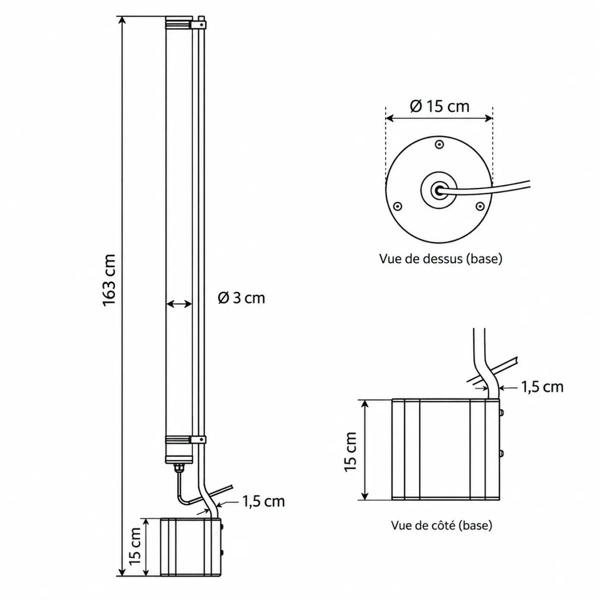 Lampadaire extérieur tube LED IP65, 1,63 m, grille ou nid d'abeille