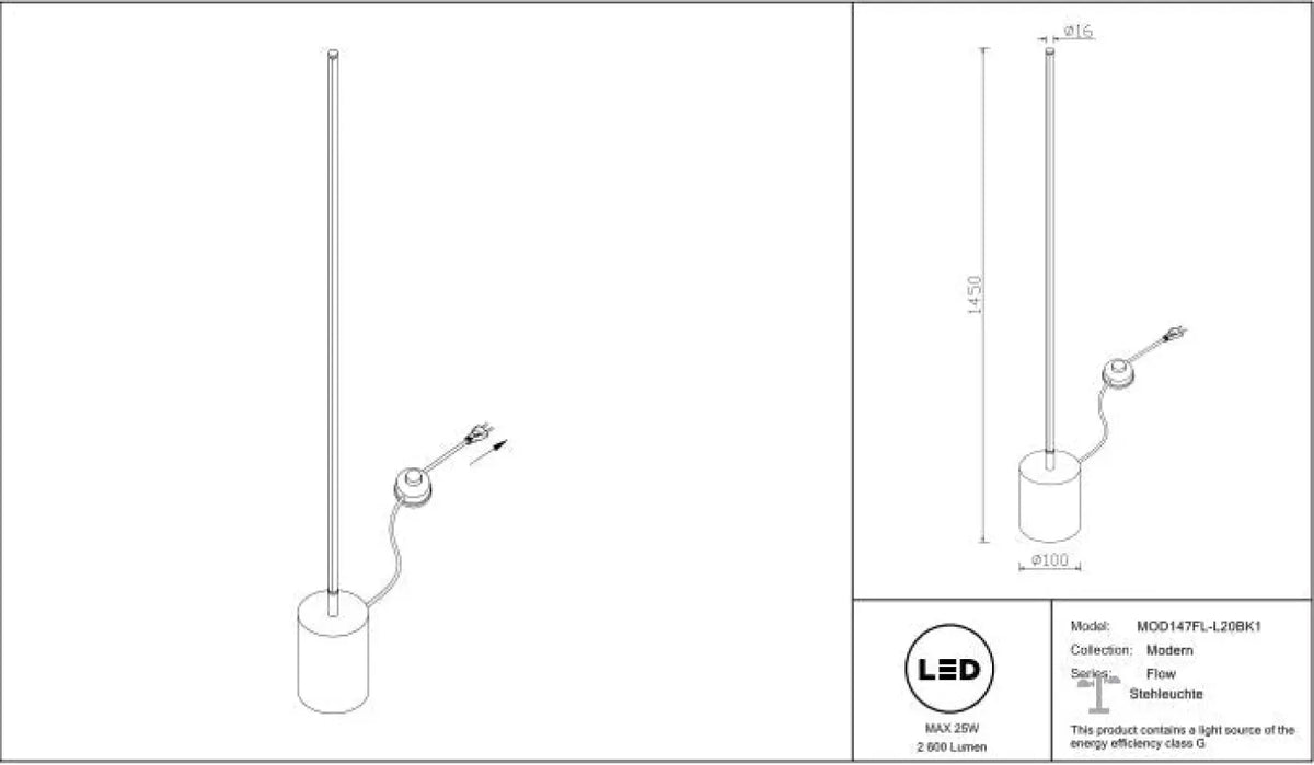 Lampadaire LED colonne lumineuse en aluminium noir, 145 cm