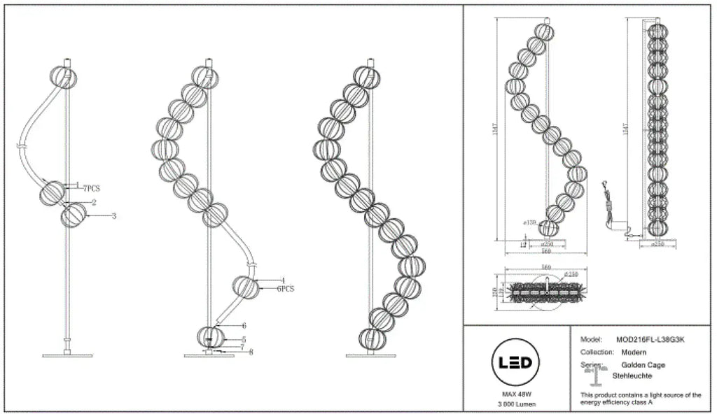 Lampadaire LED en cage de tiges d'acier doré, 155 cm