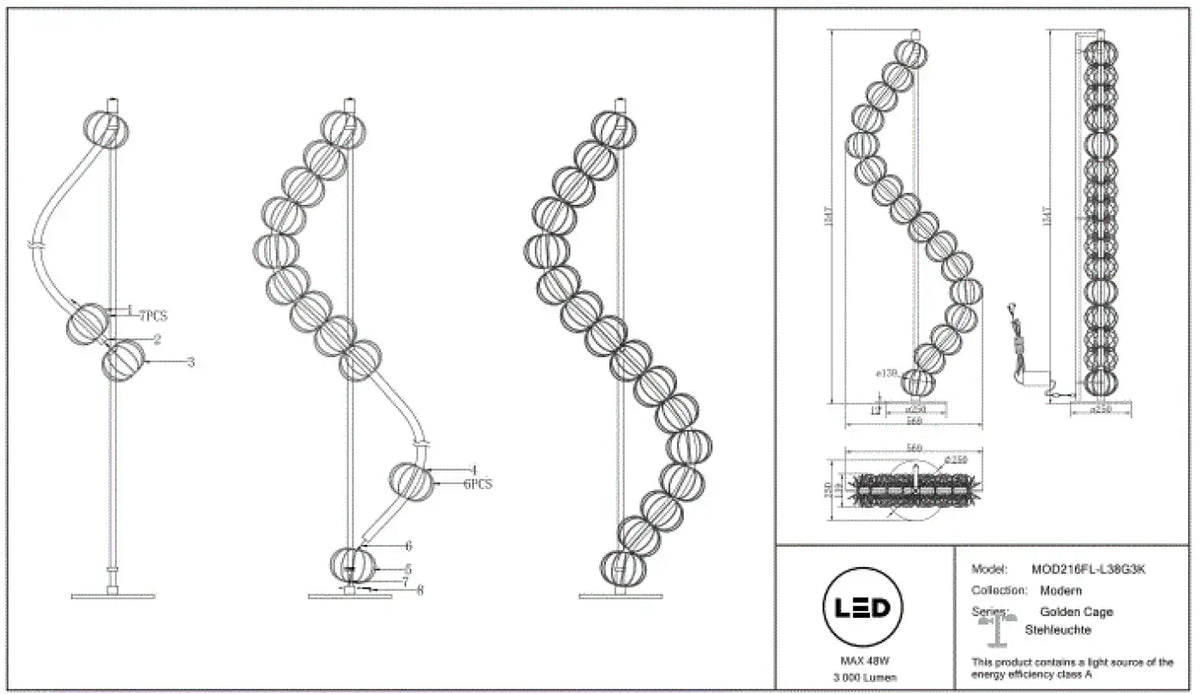 Lampadaire LED en cage de tiges d'acier doré, 155 cm