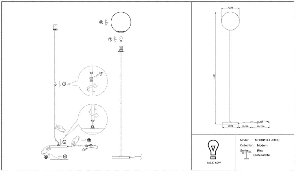 Lampadaire LED à globe opalin décentré, 155 cm, noir ou doré