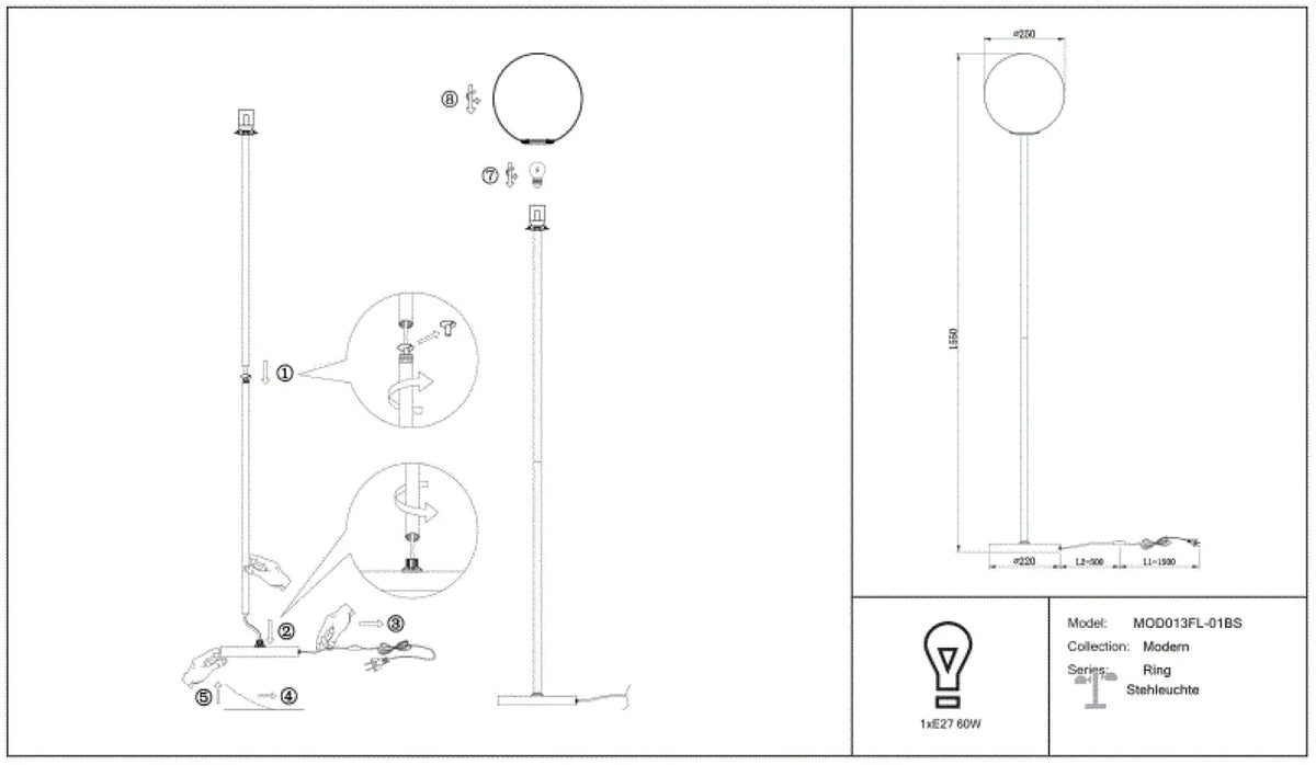 Lampadaire LED à globe opalin décentré, 155 cm, noir ou doré