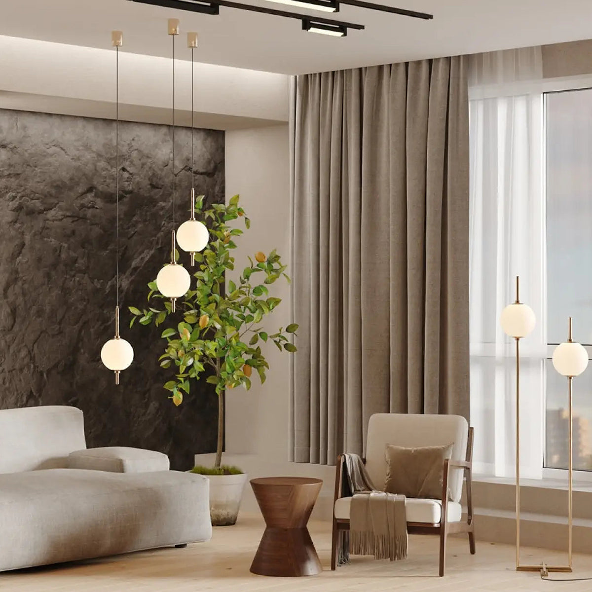 Lampadaire LED à deux globes en verre, 150 cm, noir ou doré