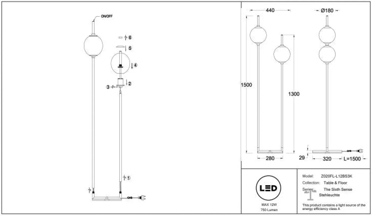 Lampadaire LED à deux globes en verre, 150 cm, noir ou doré
