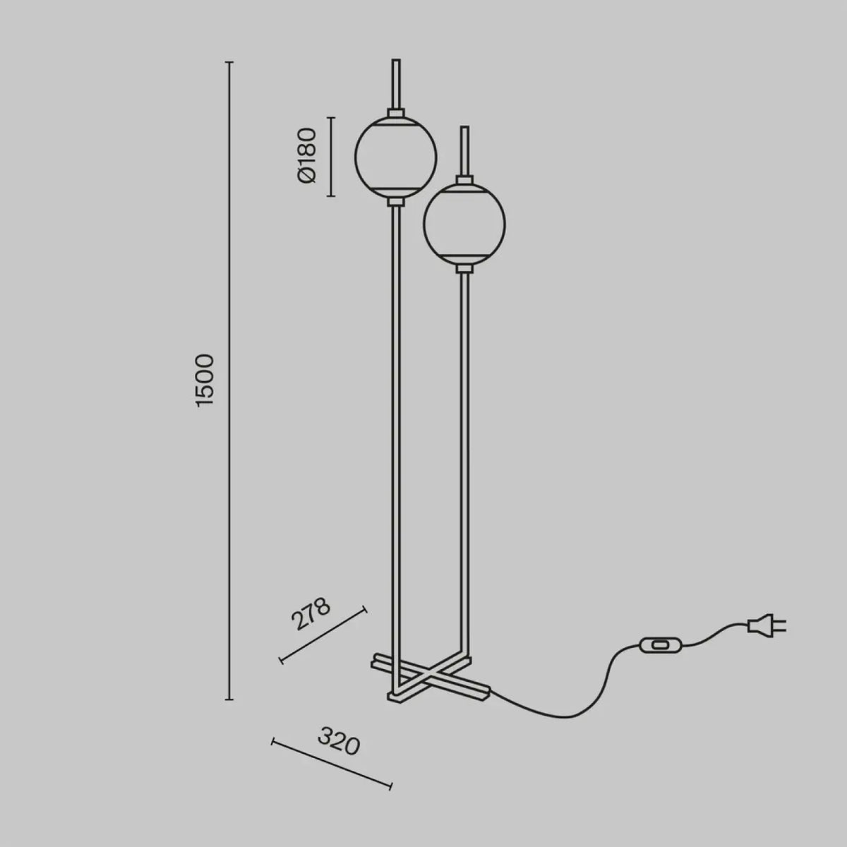 Lampadaire LED à deux globes en verre, 150 cm, noir ou doré